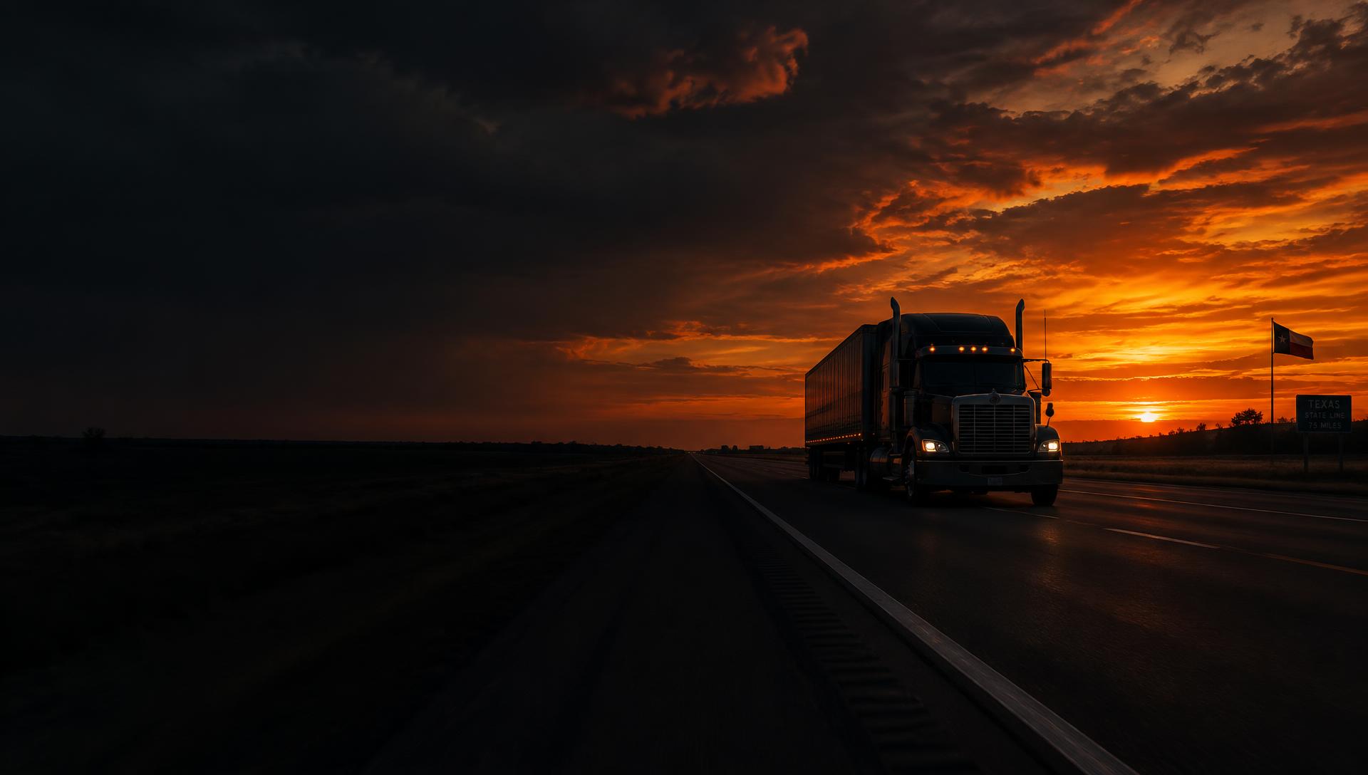 Semi truck on a Texas highway at sunset